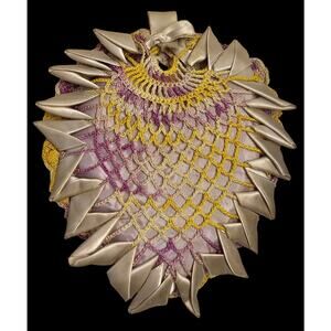 Vtg Handmade Crocheted Pin Keep Cushion Pillow Decorative Gold Ribbon Needlework